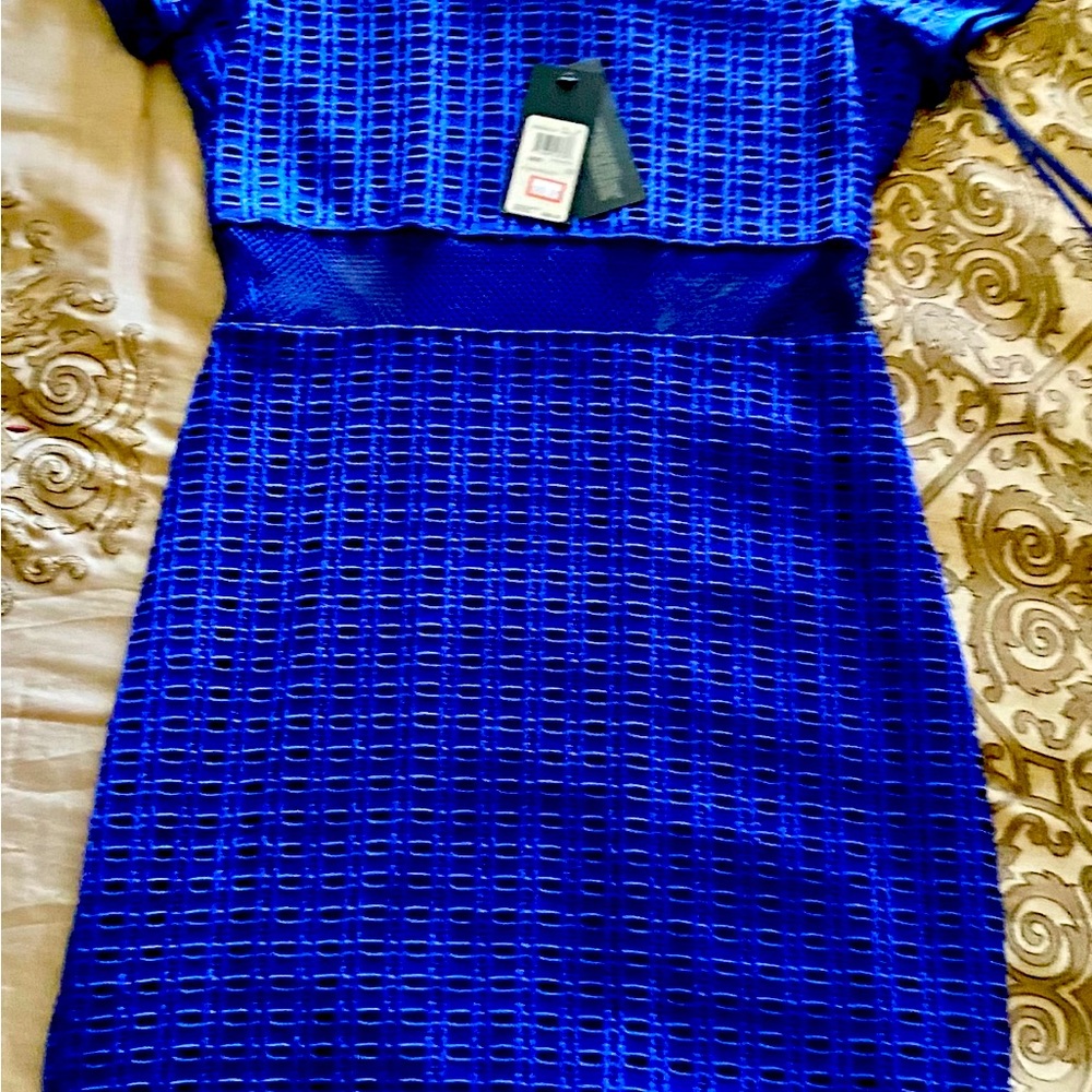 Royal blue spandex pencil dress with sheer top, middle and bottom